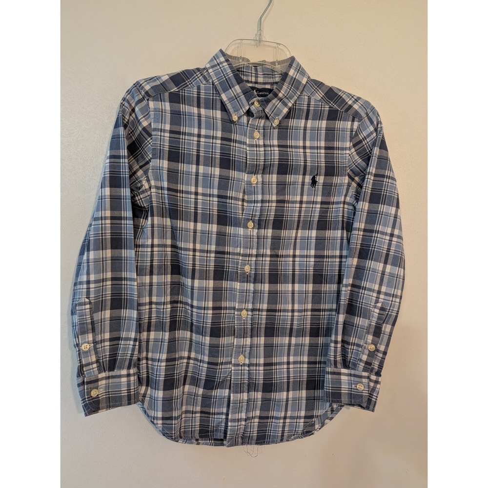 Ralph Lauren Boys Blue White Plaid Button Down Shirt M 10-12 323138122‎